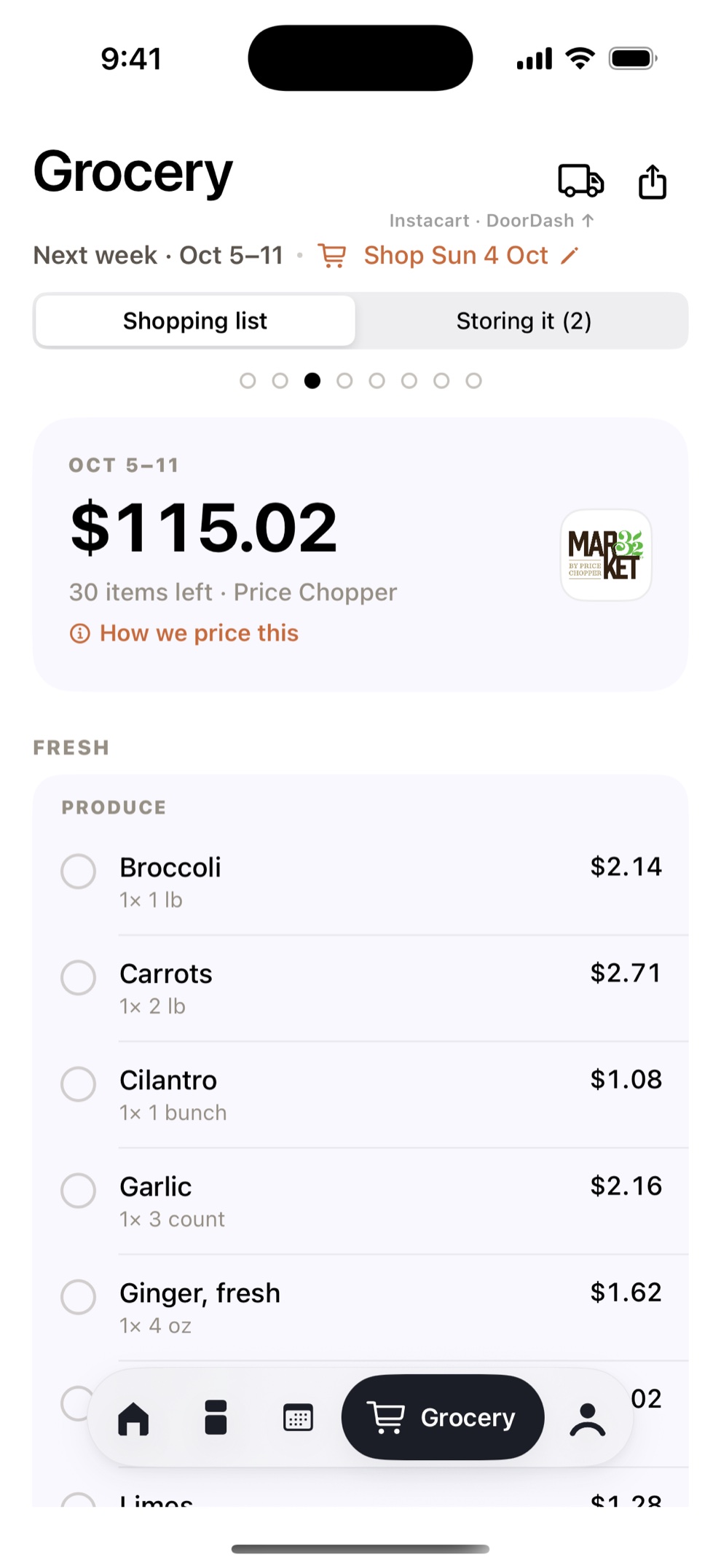 The grocery list for that week at Price Chopper: $115.02 for 30 items