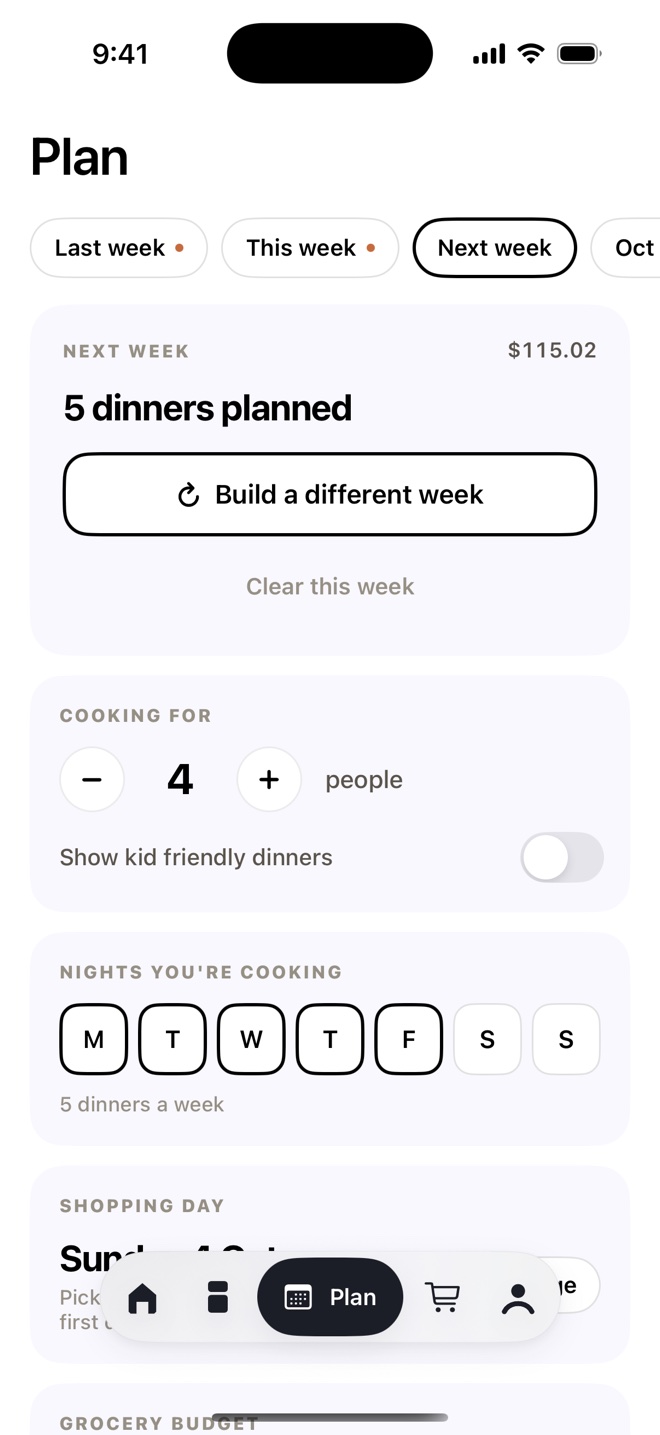 TapCook's Plan screen: cooking for 4 people, Monday to Friday, 5 dinners planned for $115.02