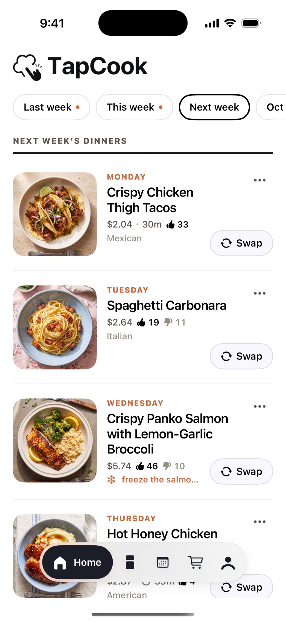 TapCook's week of dinners: chicken thigh tacos, spaghetti carbonara and panko salmon, each with its price per serving